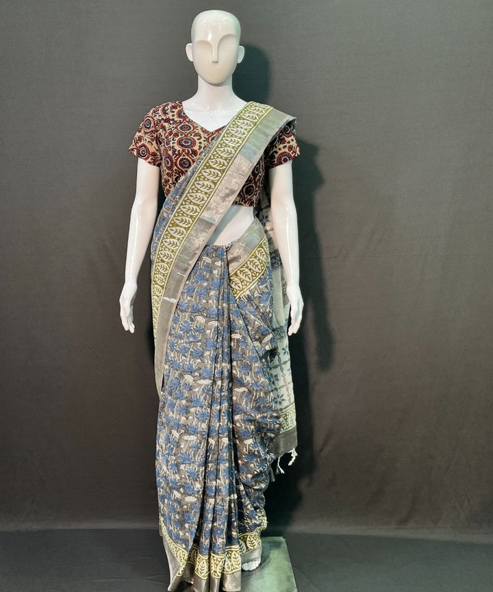 Indigo yellow hand block printed cotton linen saree