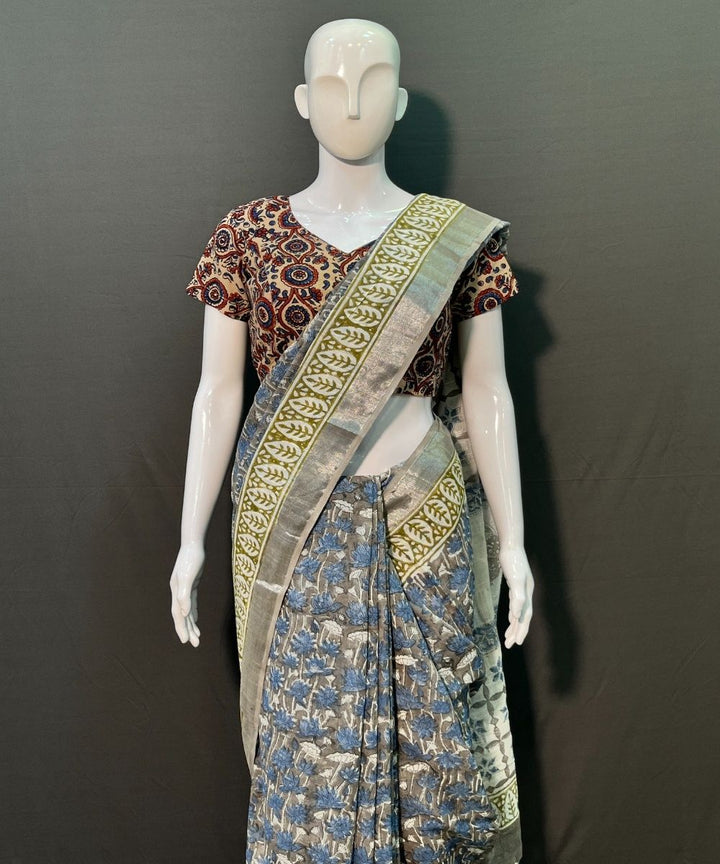 Indigo yellow hand block printed cotton linen saree