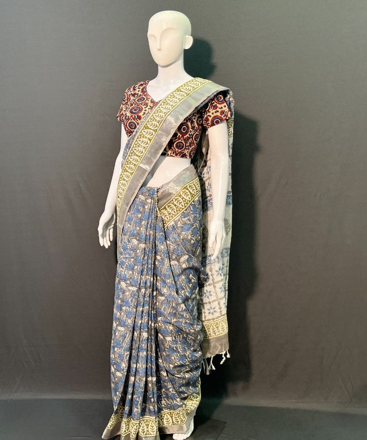 Indigo yellow hand block printed cotton linen saree