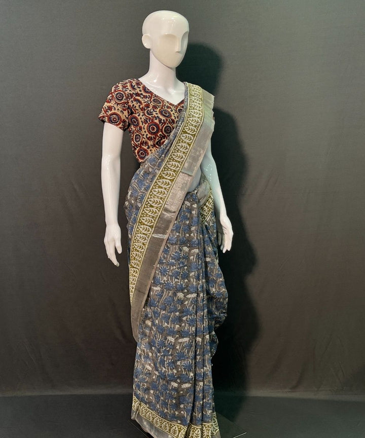Indigo yellow hand block printed cotton linen saree