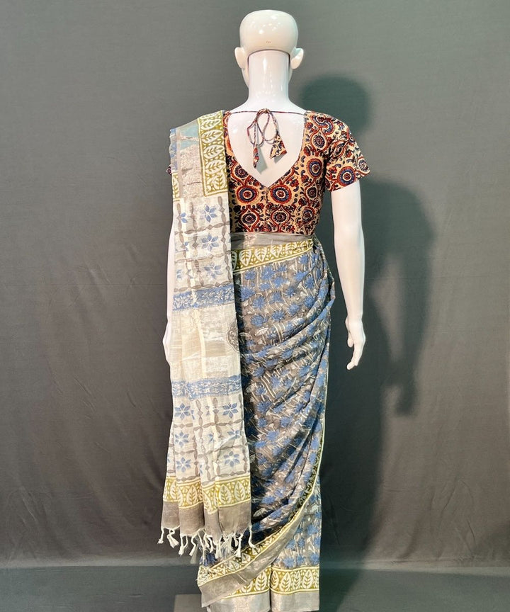Indigo yellow hand block printed cotton linen saree