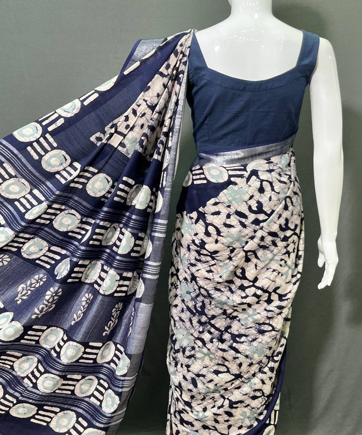Indigo batik printed cotton linen saree