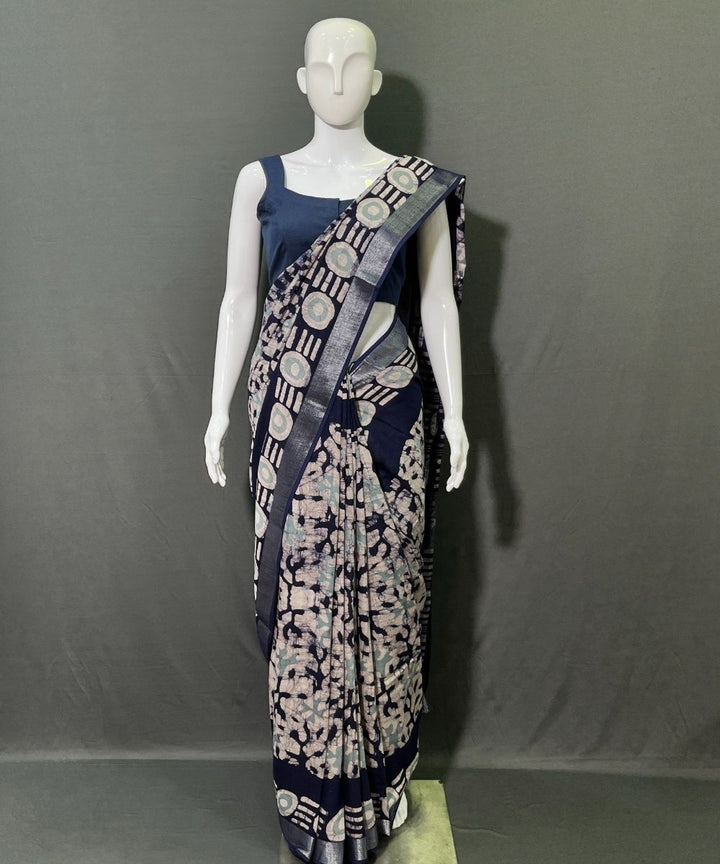 Indigo batik printed cotton linen saree