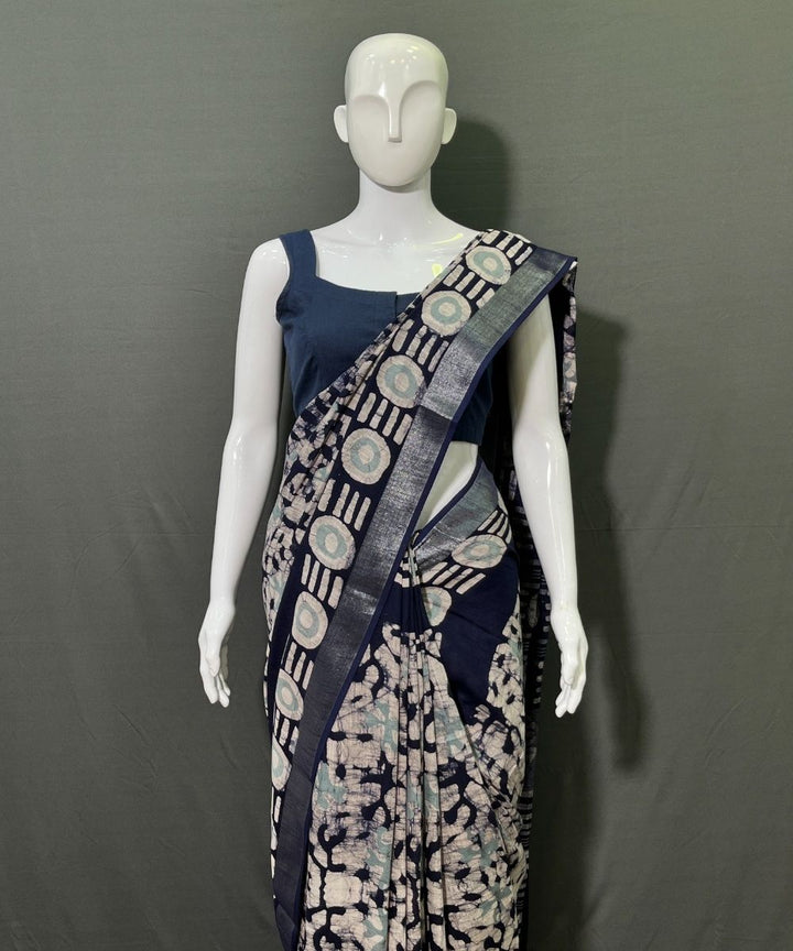 Indigo batik printed cotton linen saree