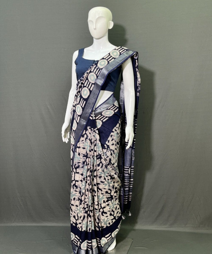 Indigo batik printed cotton linen saree