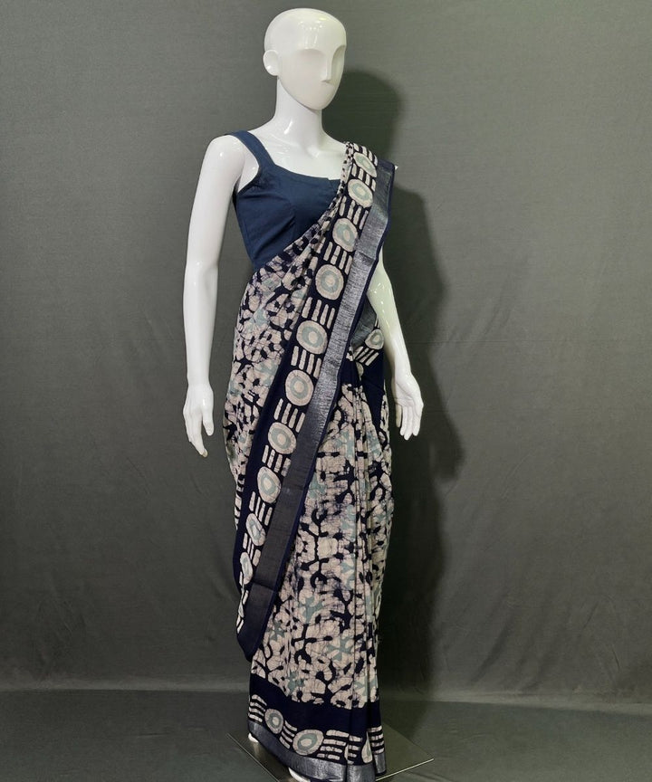 Indigo batik printed cotton linen saree