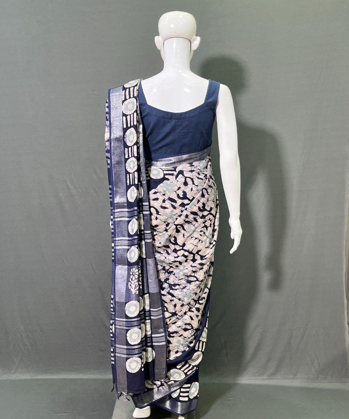 Indigo batik printed cotton linen saree