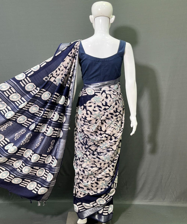 Indigo batik printed cotton linen saree