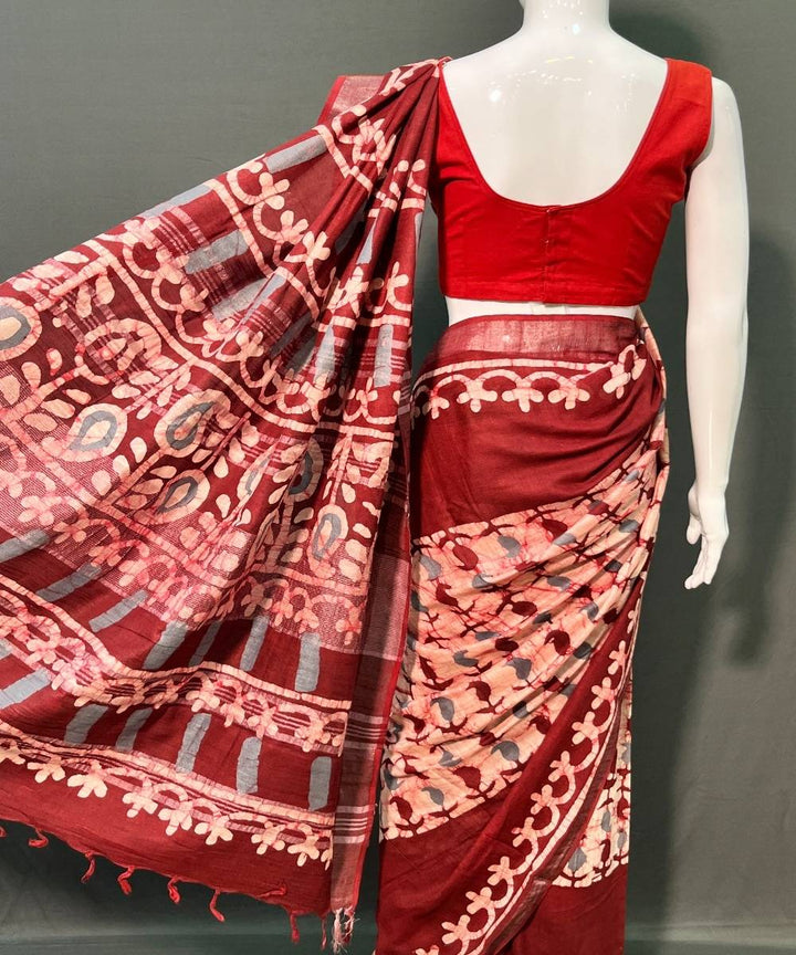 Multicolor batik printed cotton linen saree