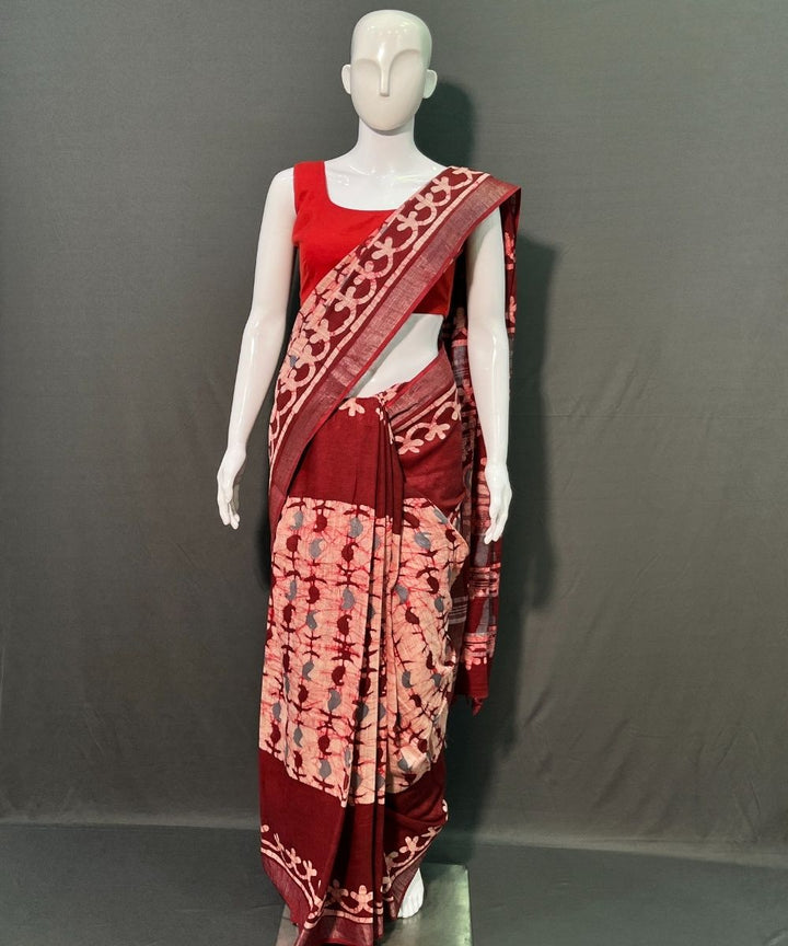 Multicolor batik printed cotton linen saree