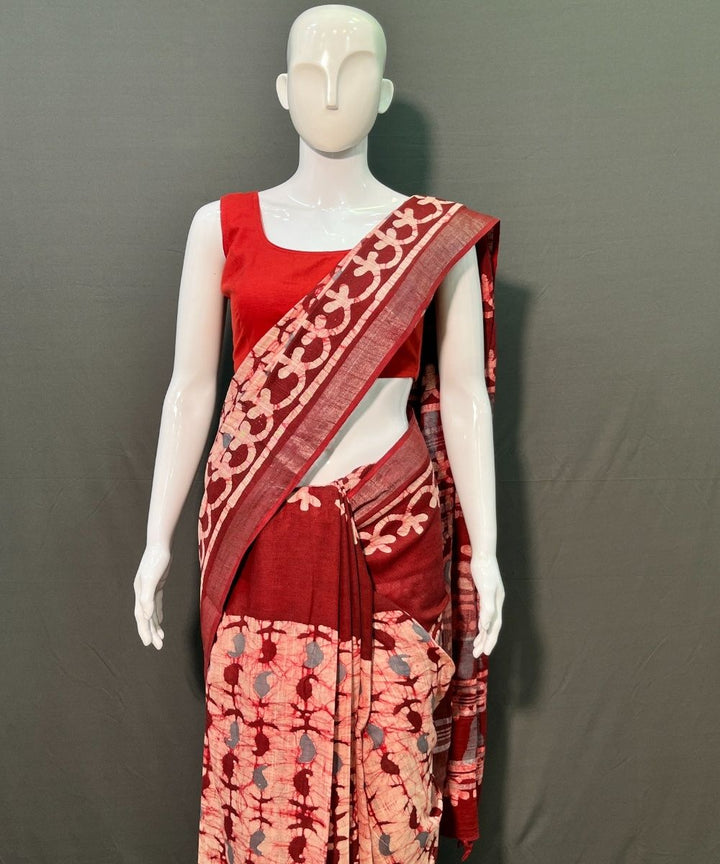 Multicolor batik printed cotton linen saree