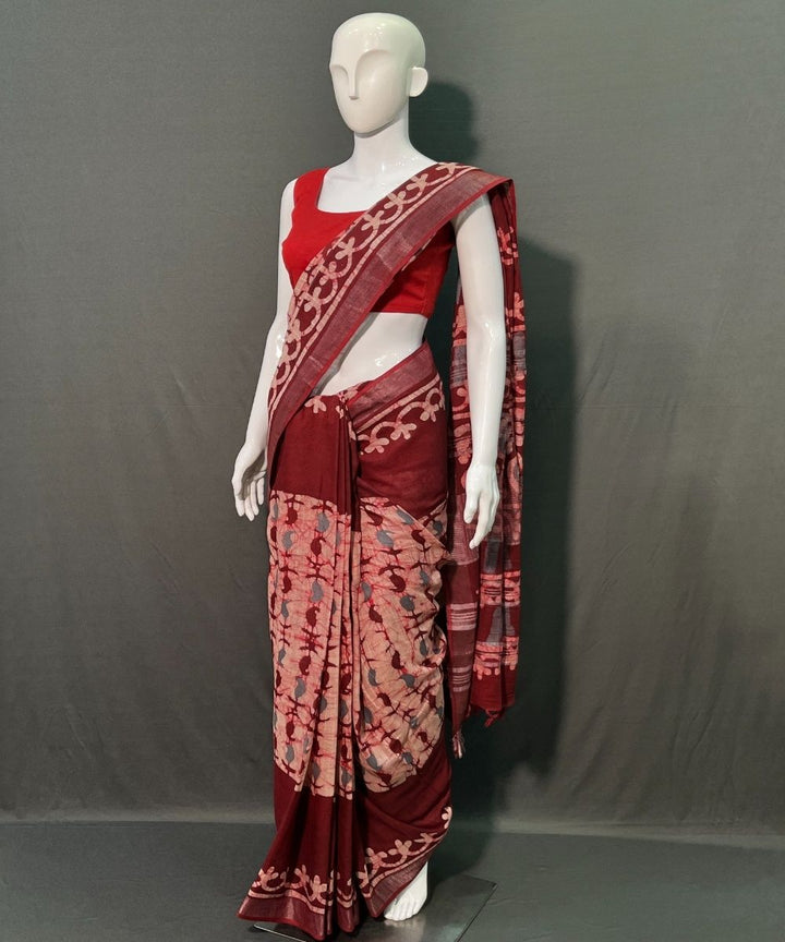 Multicolor batik printed cotton linen saree