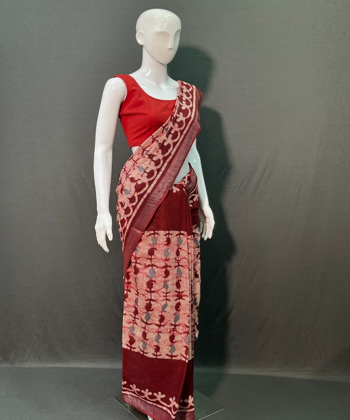 Multicolor batik printed cotton linen saree