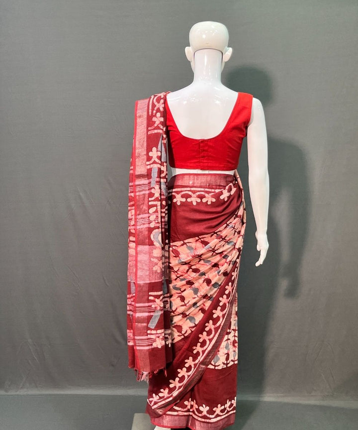 Multicolor batik printed cotton linen saree