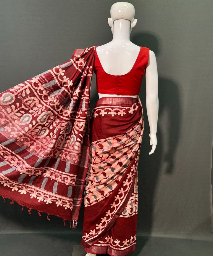 Multicolor batik printed cotton linen saree