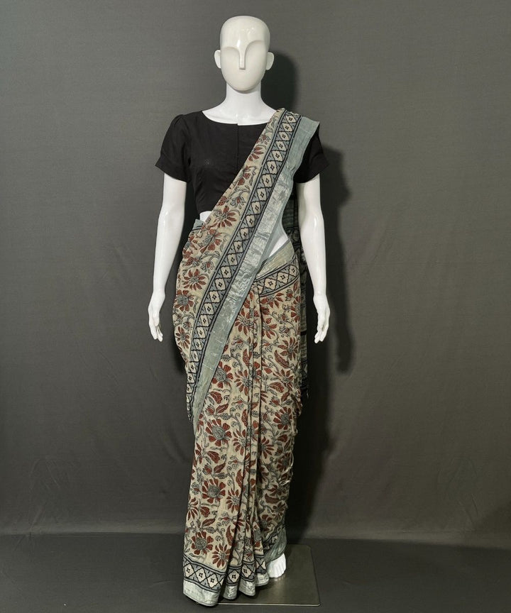 Ajrakh multicolor printed cotton linen saree