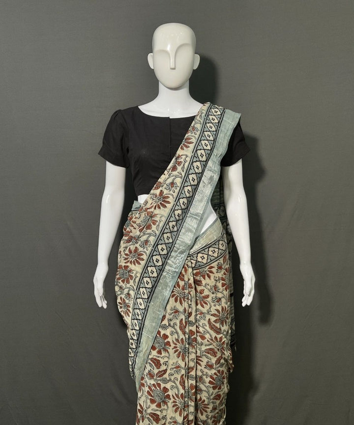 Ajrakh multicolor printed cotton linen saree