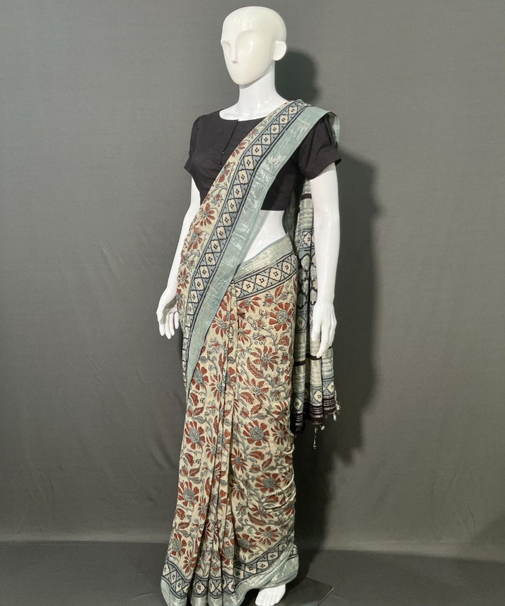 Ajrakh multicolor printed cotton linen saree