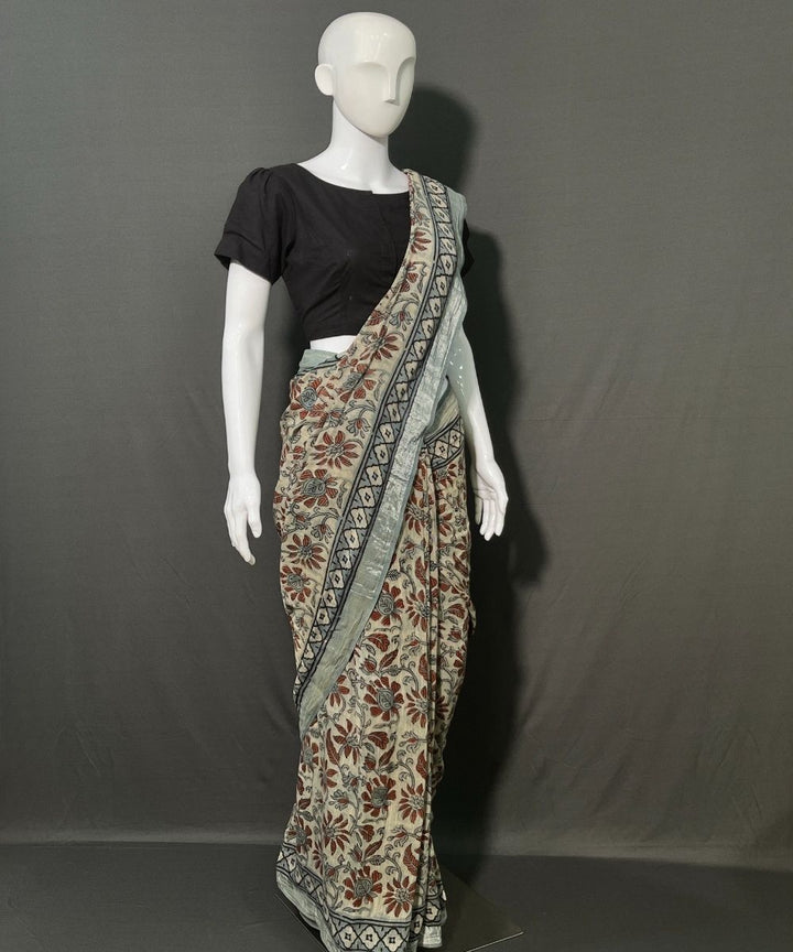 Ajrakh multicolor printed cotton linen saree