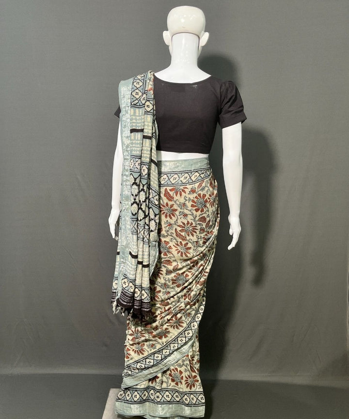 Ajrakh multicolor printed cotton linen saree