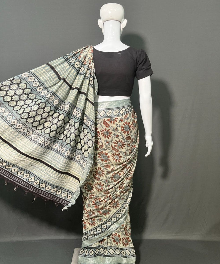 Ajrakh multicolor printed cotton linen saree