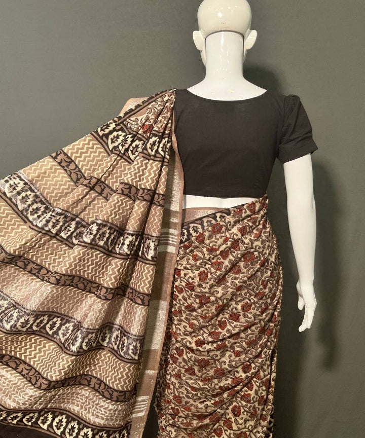 Ajrakh printed cotton linen multicolor saree