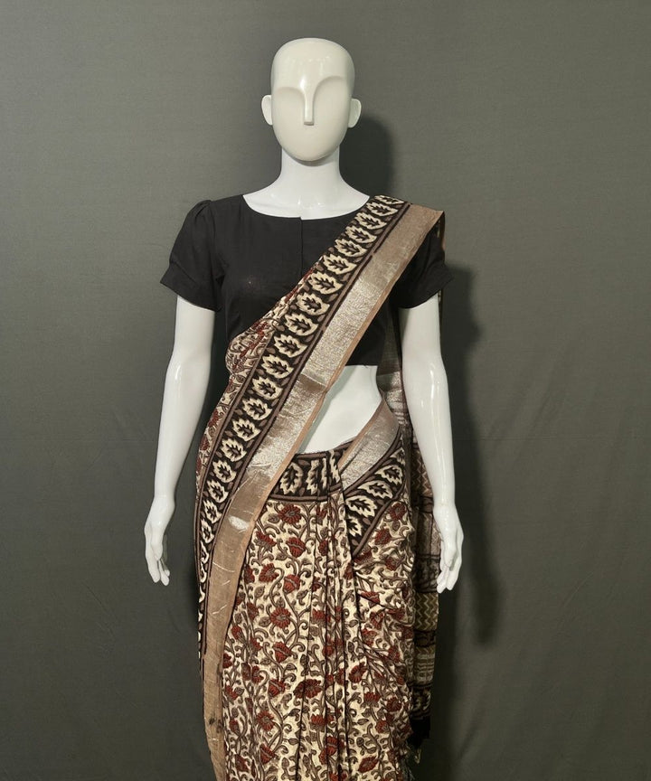 Ajrakh printed cotton linen multicolor saree