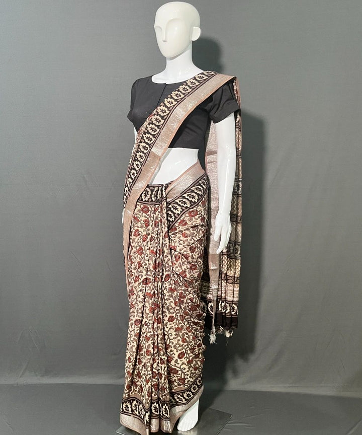 Ajrakh printed cotton linen multicolor saree