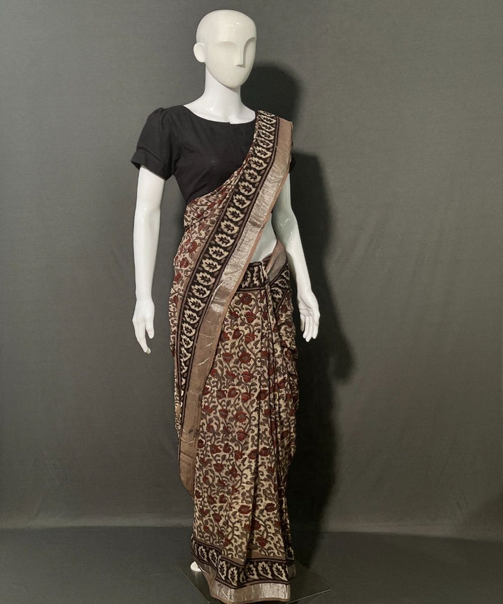 Ajrakh printed cotton linen multicolor saree