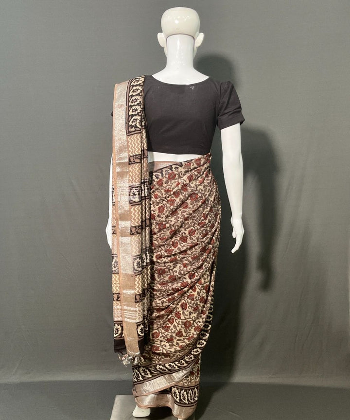 Ajrakh printed cotton linen multicolor saree