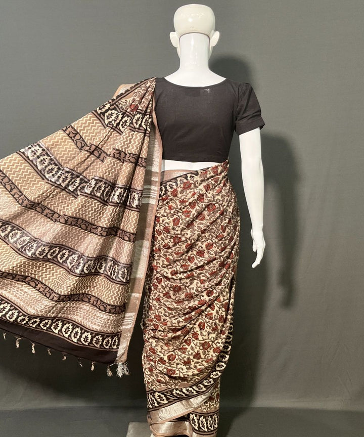 Ajrakh printed cotton linen multicolor saree