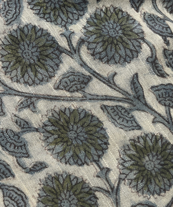 Dark green ajrakh printed cotton linen saree