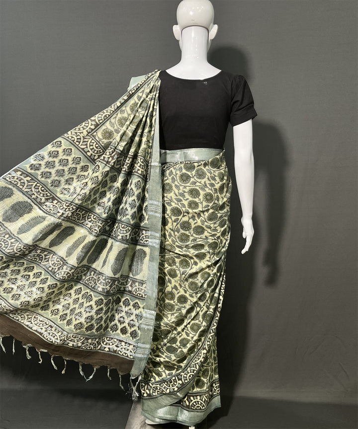 Dark green ajrakh printed cotton linen saree