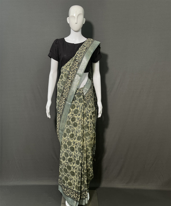 Dark green ajrakh printed cotton linen saree