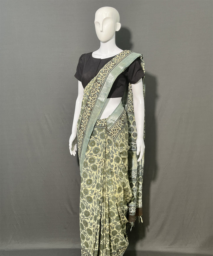 Dark green ajrakh printed cotton linen saree
