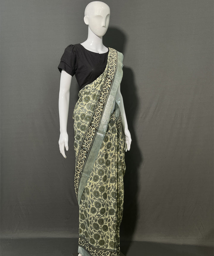 Dark green ajrakh printed cotton linen saree