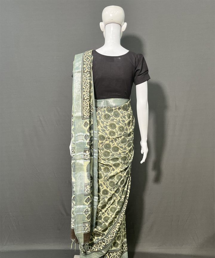 Dark green ajrakh printed cotton linen saree