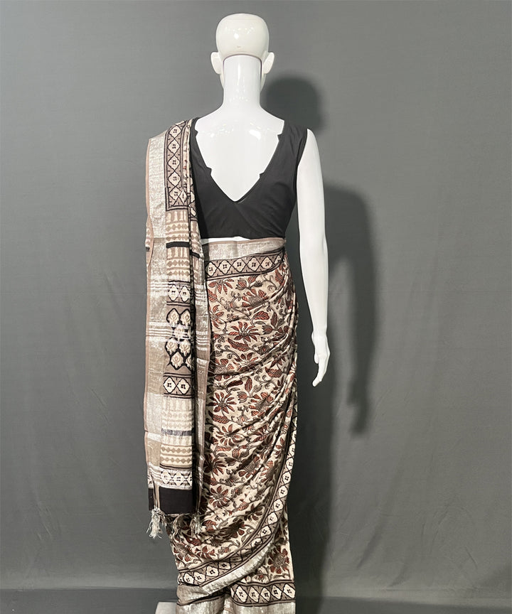 Multicolor maroon ajrakh printed cotton linen saree