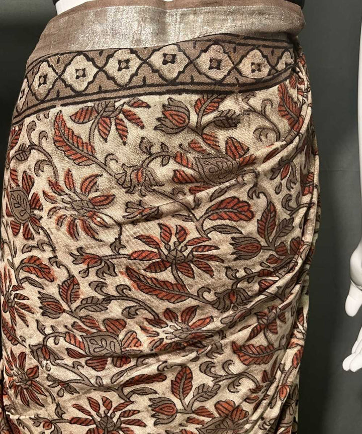 Multicolor maroon ajrakh printed cotton linen saree