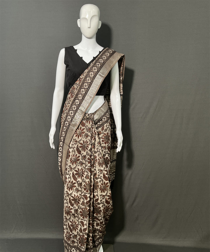 Multicolor maroon ajrakh printed cotton linen saree