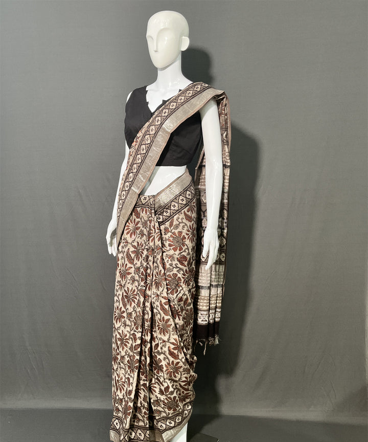 Multicolor maroon ajrakh printed cotton linen saree