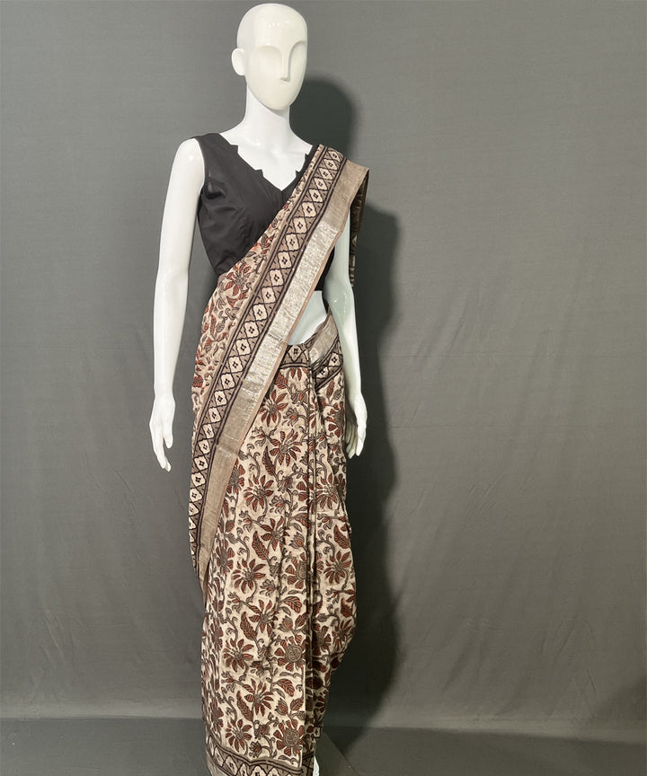 Multicolor maroon ajrakh printed cotton linen saree