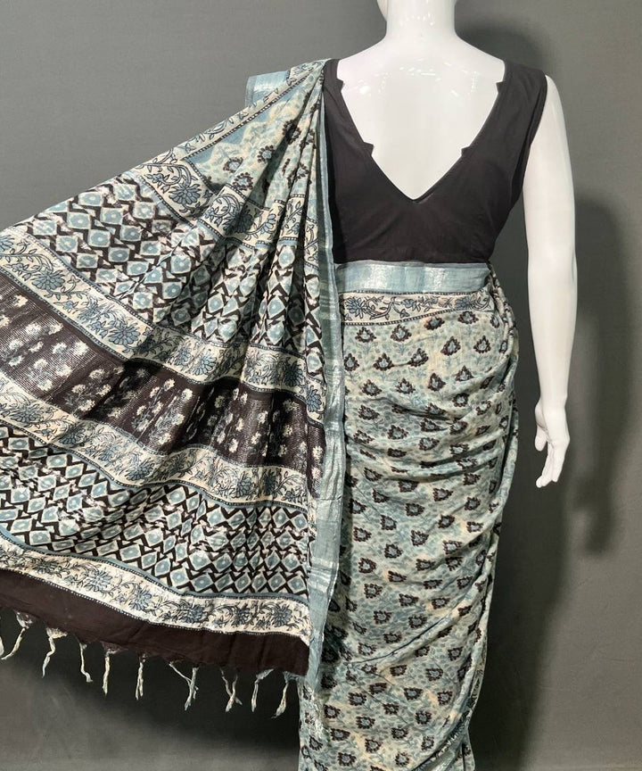 Multicolor printed cotton linen ajrakh saree