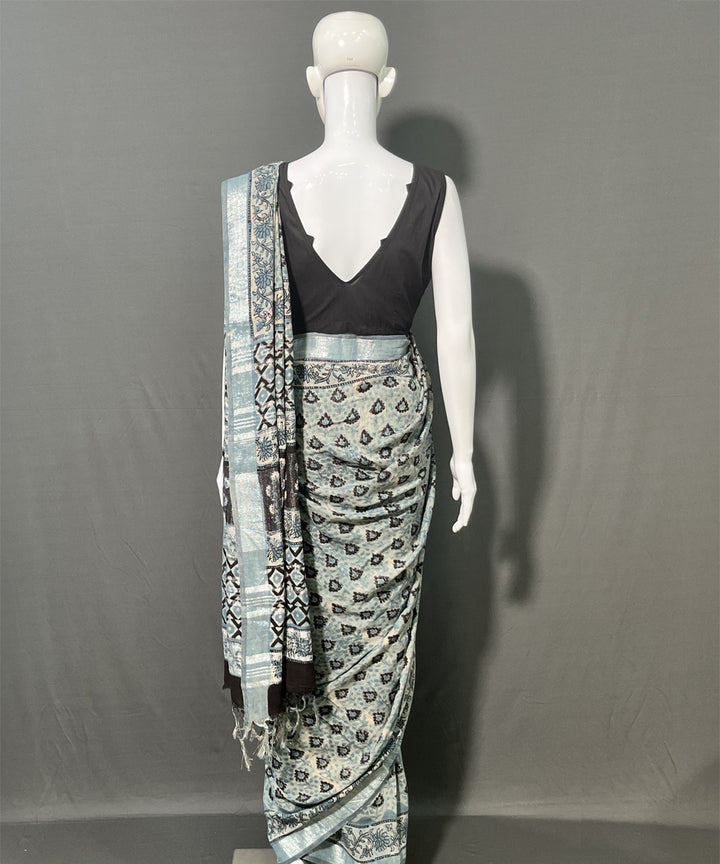 Multicolor printed cotton linen ajrakh saree