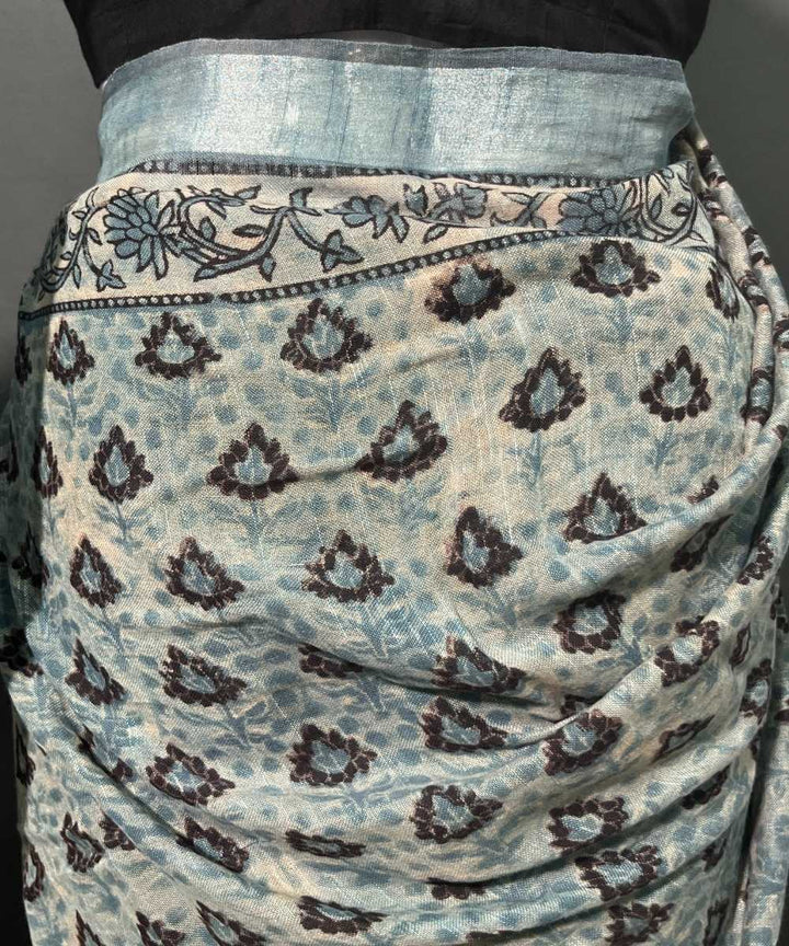 Multicolor printed cotton linen ajrakh saree