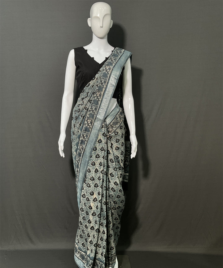 Multicolor printed cotton linen ajrakh saree