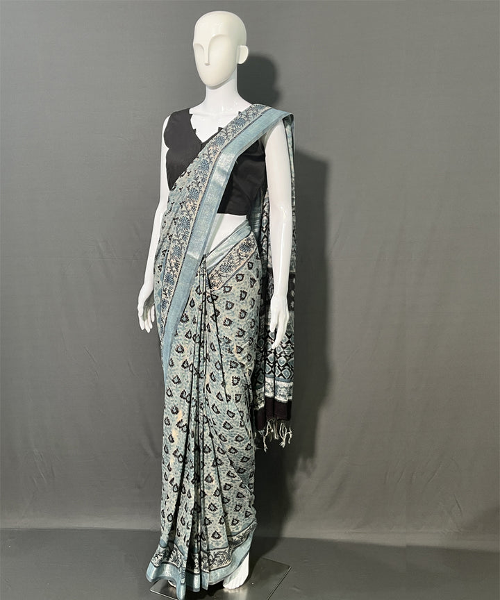 Multicolor printed cotton linen ajrakh saree