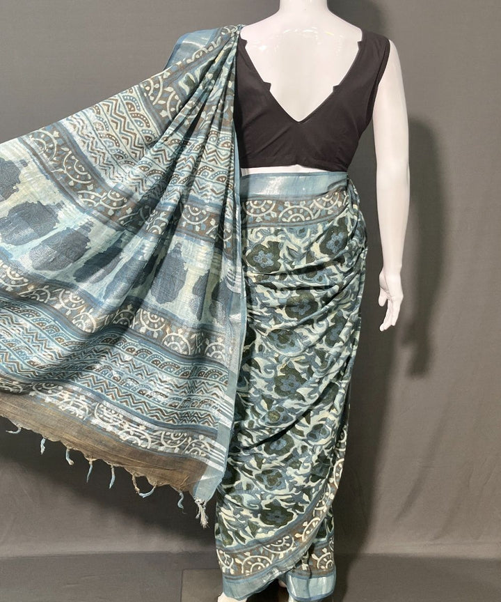 Multicolor ajrakh printed cotton linen saree
