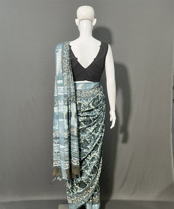 Multicolor ajrakh printed cotton linen saree