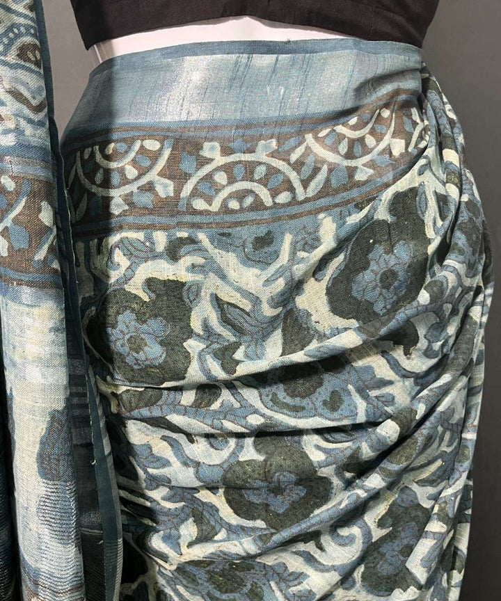 Multicolor ajrakh printed cotton linen saree